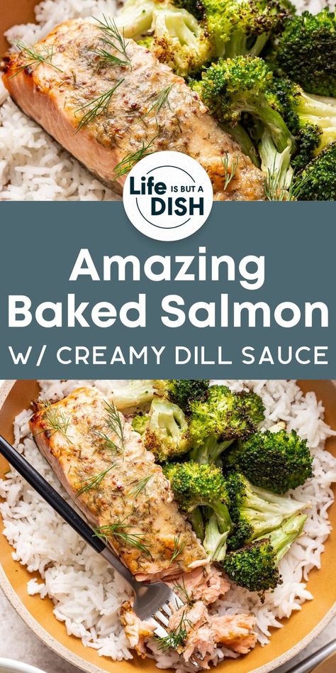 This amazing baked salmon recipe with creamy dill sauce is the ultimate quick and flavorful fish dinner that can be served with a variety of sides! The roasted salmon comes out super tender and flaky. The magic happens with a zesty tahini mustard dressing and a handful of fresh dill, creating a creamy homemade sauce so good you’ll want to drizzle it on everything! Salmon Dill Sauce Recipes, Salmon And Dill Recipes, Salmon Dinner Ideas Healthy, Recipes With Dill, Baked Salmon With Dill, Salmon With Dill Sauce, Dill Salmon Recipes, Salmon With Dill, Salmon Dill