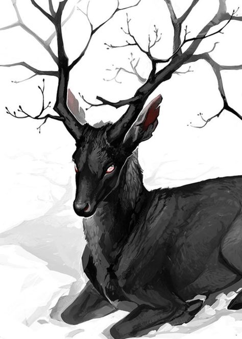 Animals In A Forest, Black Deer Art, Creepy Deer Art, Melanistic Deer, Deer Aesthetic Dark, Fantasy Deer Art, Deer Fanart, Deer Fantasy Art, Deer Art Drawing