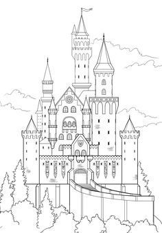 Castle Coloring Page, Castle Drawing, Building Drawing, Drawing Tutorials For Kids, Neuschwanstein Castle, Architecture Drawing Art, Drawing For Beginners, Step Drawing, Free Printable Coloring