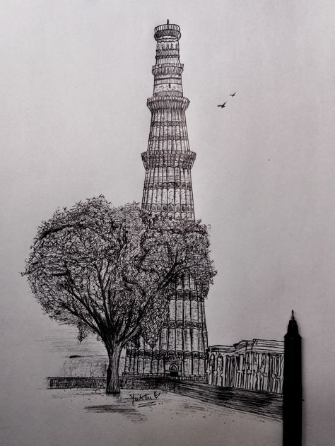 #qutubminar #delhi #pensketch #drawing #artbyyuktee Qutub Minar Sketch, Qutub Minar Drawing, Delhi Monuments, Qutub Minar, Pencil Drawing Images, Pen Art Work, India Architecture, Travel Art Journal, Travel Sketches