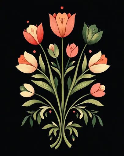 ↑↑↑ Larger size on website 🔸 A stylized floral arrangement with a symmetrical composition. The central focus is a cluster of tuli Drawing Of Tulips, Symmetrical Drawing, Art Nouveau Aesthetic, Nouveau Aesthetic, Symmetrical Composition, Sophisticated Aesthetic, Red Dots, Elegant Floral, Floral Arrangement