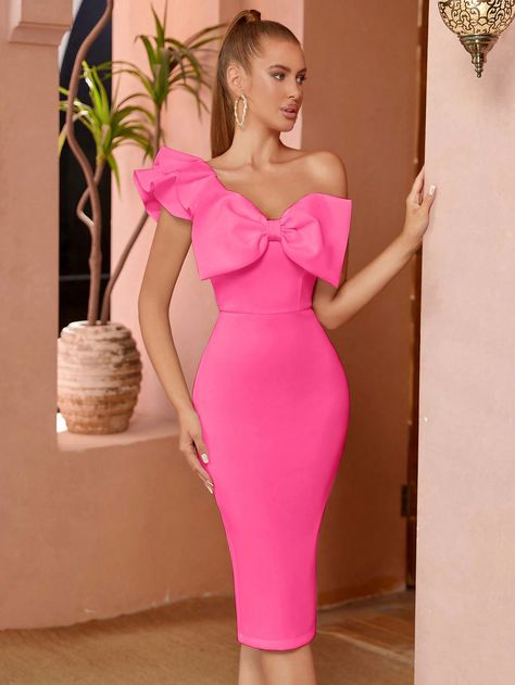 ADYCE Asymmetrical Neck Big Bow Front Ruffle Trim Bandage DressI discovered amazing products on SHEIN.com, come check them out! Sleeveless Pencil Dress, Shoulder Ruffle Dress, 파티 드레스, Dress One Shoulder, Split Dress, Valentine's Day Outfit, Coral Red, Big Bow, Clothing Size Chart