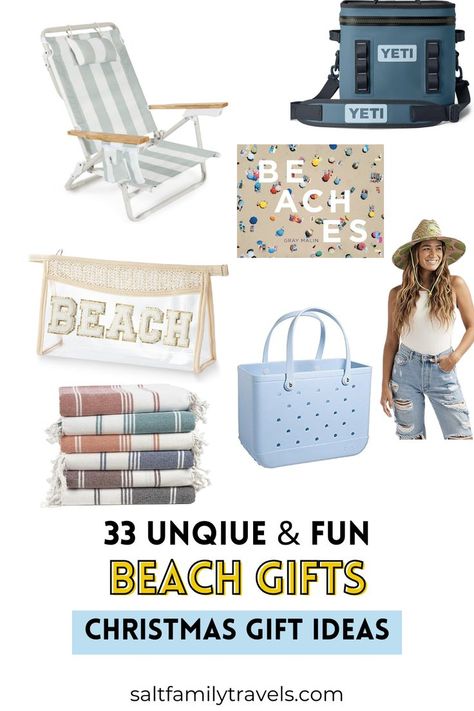 Beach themed gift ideas, beach bag, beach cooler, beach hat, beach sand keepsake, beaches book, and beach towels that are quick dry. Beach Themed Stocking Stuffers, Diy Beach Gifts Ideas, Beach Trip Gift Basket Ideas, Beach House Gifts, Family Vacation Gift Ideas, Beach Vacation Gift Basket, Beach Must Haves For Adults, Beach Gifts For Women, Beach Vacation Gift Ideas