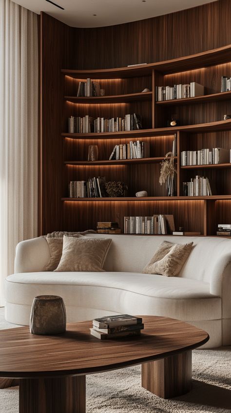 Modern living room with curved sofa, wooden accents, large bookshelves, and soft lighting in earthy tones for a cozy Rh Inspired Living Room, Cozy Earthy Living Room, Earthy Living Room Ideas, Walnut Living Room, Modern Curved Sofa, Curved Sofas, Rustic Comforter, Earthy Living Room, Wood Living Room