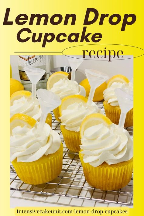 Lemon Drop cupcakes; yellow lemon cupcakes decorated with lemon cream cheese buttercream and topped with a lemon wedge and Lemon Drop pipettes Infused Cupcakes Recipes, Lemon Drop Cupcakes, Booze Cupcakes, Boozy Cupcakes Recipes, Alcohol Infused Cupcakes, Boozy Baking, Vodka Lemon, Infused Cupcakes, Cupcake Recipes From Scratch