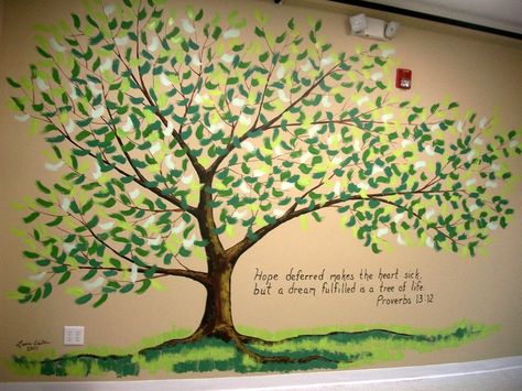 To do a tree mural, draw it out with chalk first.  Paint the trunk, adding shading and high lights.  Then add leaves.  Last comes grass.  If you need advice, ask questions on www.facebook.com/laurasshop. Easy Tree Mural, Painting A Tree On A Wall, Tree Mural For School, Tree Murals On Wall, Grass Wall Bedroom, Corner Tree Mural, Nursery With Tree Mural, Tree Mural Corner, Playroom Tree Mural