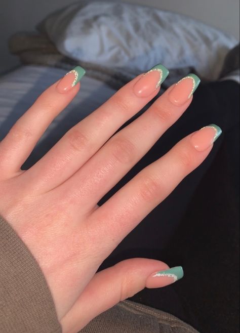 Cute Nails To Match Green Dress, Prom Nail Ideas Square, Nails That Match Sage Green Dress, Short Squoval Acrylic Nails Green, Sage Green Nail Ideas Square, Sage Green French Tip Nails Coffin, Birthday Nails Sage Green, Nails For 5th Grade Graduation, March Nails Ideas Square