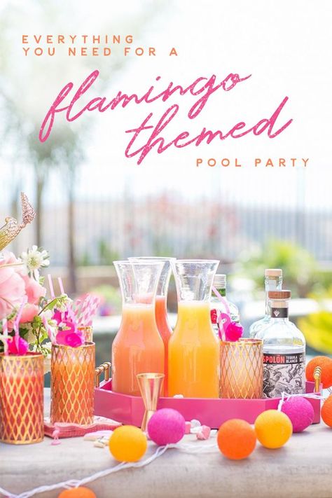 How to host a charming flamingo themed pool party for summer! #pool #party #summer #entertaining #pink #flamingo Themed Pool Party, Beverage Table, Flamingle Party, Pool Party Adults, Flamingo Pool Parties, Pool Party Food, Flamingo Themed Party, Pool Party Themes, Hawaiian Party Decorations