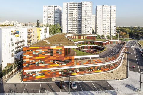 Gallery of Complex School in Bobigny / Mikou Design Studio - 6 Building Development, Leisure Center, Eco Architecture, Drawing Simple, Education Architecture, School Building, Green Roof, School Architecture, Green Building