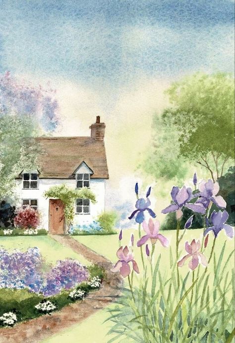 Watercolor Cottage, Cottage Landscape, Watercolor House Painting, Cottage Painting, Watercolor Pictures, Diy Watercolor Painting, Cottage Art, White Cottage, 수채화 그림