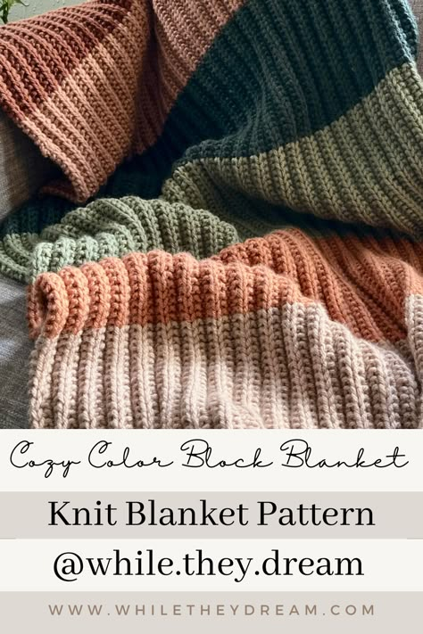 Hand Knit Throw Blanket Pattern, Fall Knitted Blankets, Colorful Knitted Blankets, Color Block Knit Blanket, Knitted Blanket Color Ideas, Free Knit Lapghan Patterns, Reversible Blanket Knitting Patterns, Knitting Patterns Free Blanket Squares Simple, Free Knit Blanket Pattern Easy