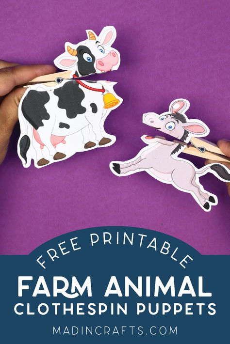 PRINTABLE FARM ANIMAL CLOTHESPIN PUPPETS Crafts Mad in Crafts Clothespin Puppets, Farm Animals Activities, Cow Craft, Farm Preschool, Free Printable Crafts, Cleaning And Organizing, Puppet Crafts, Farm Crafts, Farm Birthday Party