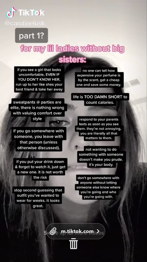 ♡ pinterest : prvncesss ♡ Tips From Your Big Sister Tiktok, Sister Advice, Big Sister Tips, 1000 Lifehacks, Life Hacks Every Girl Should Know, Hacks Every Girl Should Know, Teen Advice, Social Life Hacks, Girl Advice