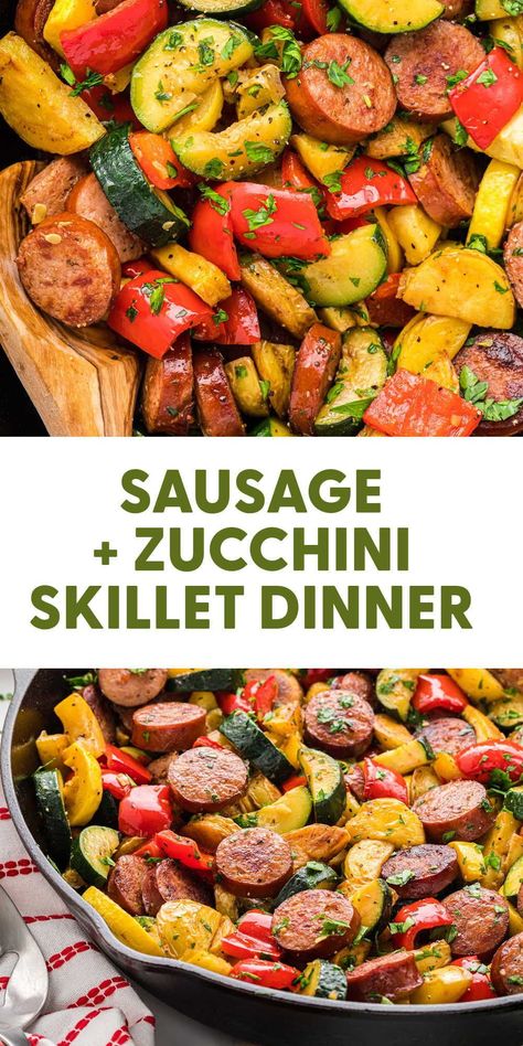 Whip up this easy and flavorful Sausage Zucchini Skillet in just 40 minutes! Perfect for busy weeknights, it’s packed with smoky sausage, tender potatoes, and fresh veggies. #WeeknightMeals Sausage Healthy Recipes, Healthy Meals With Sausage, Zucchini Skillet, Mediterranean Sausage Recipes, Sausage And Zucchini Recipes, Sausage And Squash Recipes, Potatoes And Sausage Recipes, Chicken Sausage Skillet, Zucchini Squash Sausage Recipes