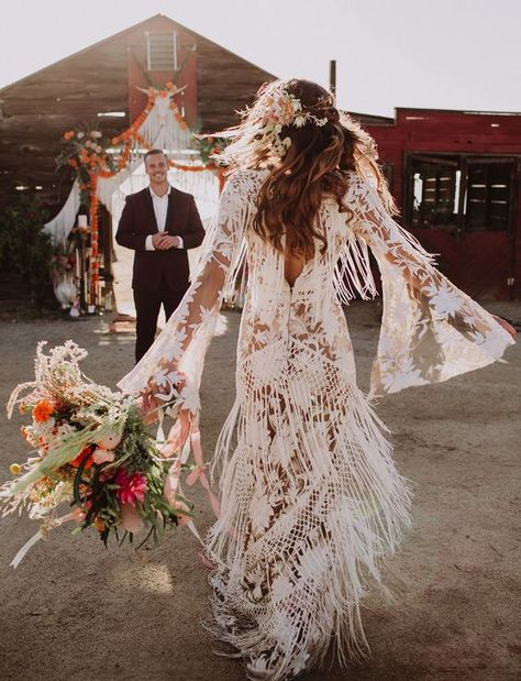 a modern wedding dress with bell sleeves and a triangle cutout back Vestidos Country, Bell Sleeve Wedding Dress, Fringe Wedding Dress, Hippie Wedding, Boho Wedding Inspiration, Boho Chic Wedding, Bohemian Wedding Dress, Bohemian Bride, Wedding Boho