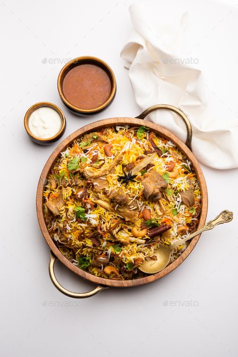 Mutton Biryani Photography, Briyani Mutton, Mutton Dum Biryani, Moody Background, Mutton Biryani, Dum Biryani, Food Photoshoot, Yogurt Dip, Second Breakfast