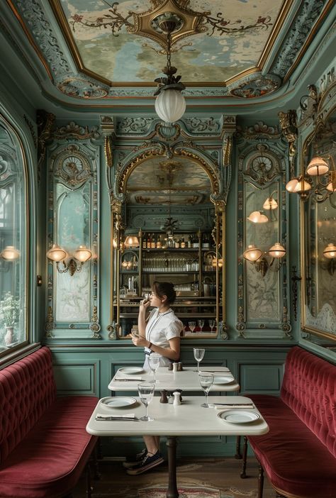 Vintage Parisian brasserie with ornate decor, red velvet seats, and elegant lighting. Person admiring the sophisticated ambiance. Elegant Cafe Interior, Restaurant Interior Design Vintage, Luxury Cafe Interior Design, Brasserie Interior, French Restaurant Interior, Paris Cafe Interior, Parisian Dining, Luxury Cafe, Velvet Seating