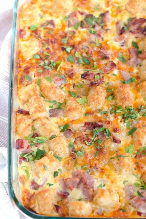 Ham Tater Tot Breakfast Casserole | greens & chocolate Breakfast Casserole With Tater Tots, Casserole With Tater Tots, Tator Tot Breakfast, Ham Breakfast Casserole, Tot Breakfast Casserole, Tater Tot Recipes, Tater Tot Breakfast Casserole, Ham Breakfast, Make Ahead Breakfast Casserole