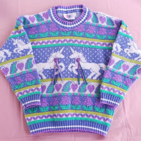 Unicorn Aesthetic, Pastel Sweaters, Decora Harajuku, Pixie Party, Fancy Sweater, Curated Fashion, Unicorn Sweater, Pink Water Bottle, Purple Tops