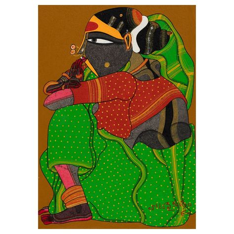 Thota Vaikuntam’s fascination with Telangana women is rooted in childhood memories of watching a theatre group perform in his village, with men taking on female roles. The showcased lot by Vaikuntam portrays his muse, a seated Telangana woman, wearing her traditional apparel and ornaments. Love the lot? Click the link in bio to register and place your advance bid. Friday Five Auction 20 October 2023, 3 - 8 pm IST 5 lots. 5 hours. No Reserve. Indian Traditional Paintings, Indian Art Paintings, Rural Area, Andhra Pradesh, Indian Traditional, Traditional Paintings, 5 Hours, Indian Art, Online Auctions