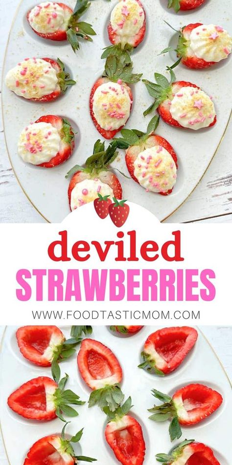 Try filling your deviled egg platter with juicy strawberries! This yummy dessert combines fresh berries with a creamy cheesecake filling. via @foodtasticmom Deviled Strawberries, Egg Platter, Fresh Strawberry Recipes, Deviled Egg Platter, Easter Appetizers, Easter Dishes, Easter Desserts Recipes, Lake Food Ideas, Spring Desserts