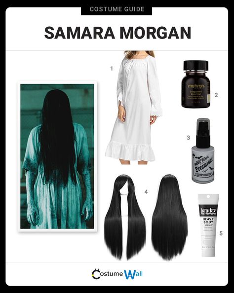 The best costume guide for dressing up like Samara Morgan, the vengeful ghost who is determined to destroy humanity in The Ring series. Diy Samara Costume, Samara Morgan Makeup, Ring Movie Horror, The Ring Costume Samara, The Ring Makeup, The Grudge Costume, Grudge Costume, The Ring Halloween Costume, Samara Morgan Costume