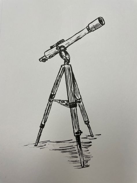 Space Pen Drawing, Telescope Sketch, Cavetown Tattoo Ideas, Pen Drawing Simple Doodles, Astronomy Sketches, Simple Pen Drawings, Explorer Drawing, Telescope Tattoo, Astronomy Drawing