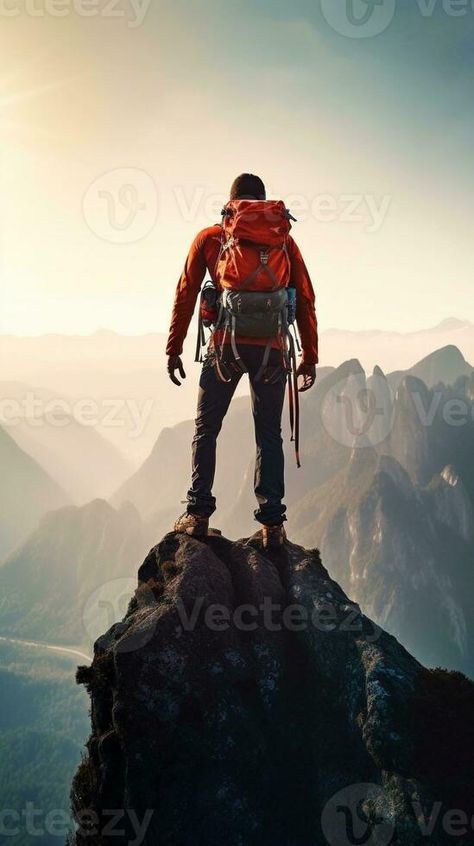 AI Generative Successful man standing on the top of the mountain at sunset Hiker with backpack extreme climbing Sport success and inspirational concept Man Climbing Mountain, Inktober Prompts, Extreme Climbing, Concept Advertisement, Successful Man, Top Of The Mountain, Successful Men, Man Standing, Mountain Top