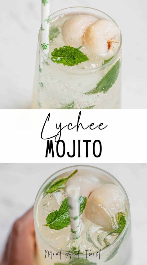 This pretty lychee mojito is fresh and delicious. The lychee provides a sweet and slightly floral taste, making a mojito even better to drink. Lychee Mojito Recipe, Lychee Juice Cocktail, Lychee Cocktail Recipe, Slushy Alcohol Drinks, Mocktail Mojito, Lychee Drink, Lychee Recipes, Lychee Mojito, Lychee Cocktail