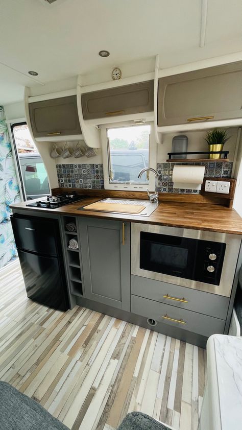 Caravan Open Shelving, Caravan Kitchen Makeover, Rustic Caravan Interior, Grey Caravan Interior, Touring Caravan Hacks, Caravan Kitchen Renovation, Touring Caravan Interior Ideas, Touring Caravan Makeover, Caravan Kitchen Ideas