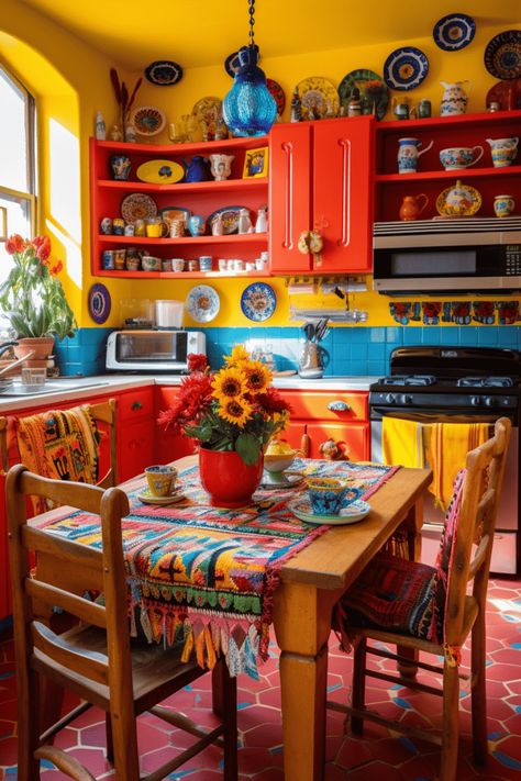 15 Awesome Mexican Style Kitchen Ideas Mexican Kitchen Shelves, Mexican Theme Kitchen Decor, Mexican Colors Walls, Mexican Interior Design Kitchen, Yellow And Red Kitchen, Mexican Dining Room Decor, Bohemian Kitchen Ideas, Mexican Inspired Kitchen, Mexican Style Kitchens Ideas