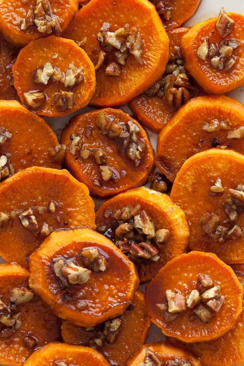 Elevate your fall and holiday meals with these easy and flavorful roasted sweet potato slices, glazed with cinnamon, maple, and pecans. Roasted Sweet Potato Slices, Pecan Glaze, Potato Slices, Sweet Potato Slices, Roasted Sweet Potato, Maple Pecan, Maple Glaze, Holiday Meals, Roasted Sweet Potatoes