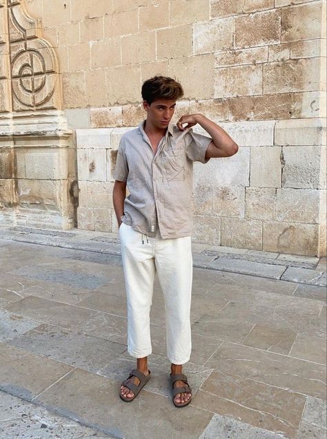 Linen Male Outfit, Rome Italy Outfits Men, Male Beach Outfit, Linen Men Outfit, Mens Linen Pants Outfit, Linen Pants Outfit Men, Linen Outfit Men, Birkenstock Outfit Men, Beachy Fits