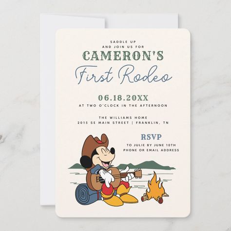 Mickey & Friends | Cowboy Rodeo Birthday Invitation Mickey Cowboy Birthday, Cowboy Mickey Mouse Party, Rodeo Birthday Invitations, Mickey Mouse Party Decorations, Mickey Mouse Birthday Theme, Baby First Birthday Themes, Rodeo Birthday Parties, Mickey Mouse Birthday Invitations, Cow Birthday Parties