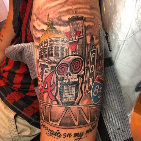 Atlanta Sleeve Tattoo, Georgia Inspired Tattoo, Atl Tattoo Sleeve, Atlanta Georgia Tattoo Ideas, Atlanta Tattoo Ideas For Men, Georgia Tattoo Ideas For Men, Atl Tattoo Ideas, Georgia Tattoo Ideas, Atlanta Tattoo Ideas