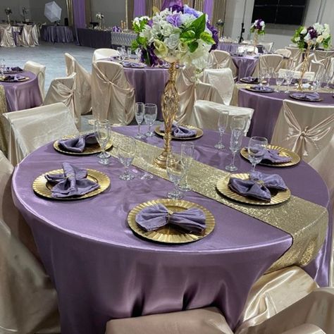 Shop the Look: Event Decor Ideas | eFavormart.com Purple Gold Table Decorations, Black Gold And Lavender Party, Lilac And Gold Decorations, Purple And Gold Photo Backdrop, Purple Round Table Settings, Lavender And Gold Table Setting, Lavender And Gold Quinceanera Decorations, Gold Silver Purple Party, Purple And Gold Table Decor