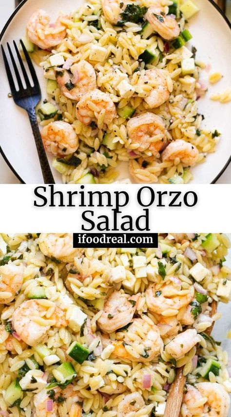 Refreshing Shrimp Orzo Salad is picture perfect and full of flavor. Cooked shrimp is paired with soft orzo, crisp veggies, feta, and herbs for a side dish everyone will love! Shrimp Recipes Salad, Orzo Side Recipes, Orzo And Shrimp Recipes, Orzo Shrimp Recipes, Shrimp And Orzo Recipes, Shrimp Orzo Recipes, Side Dishes For Shrimp, Shrimp And Orzo Salad, Shrimp Orzo Salad