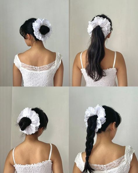 Hairstyle inspiration for your next day out featuring our lace scrunchie!ᯓᡣ𐭩 How would you style yours? 🤍ྀི . . . . . #lace #scrunchies #hairstyle #hairinspo #lacescrunchie #aesthetic #pinterest #pinterestinspired #lifestyle Xl Scrunchie Hairstyles, Braid With Scrunchie, Giant Scrunchie Hairstyles, Large Scrunchie Hairstyles, Jumbo Scrunchie Hairstyles, Oversized Scrunchie Hairstyles, Ponytail With Scrunchie, Big Scrunchies Hairstyles, Cute Scrunchie Hairstyles