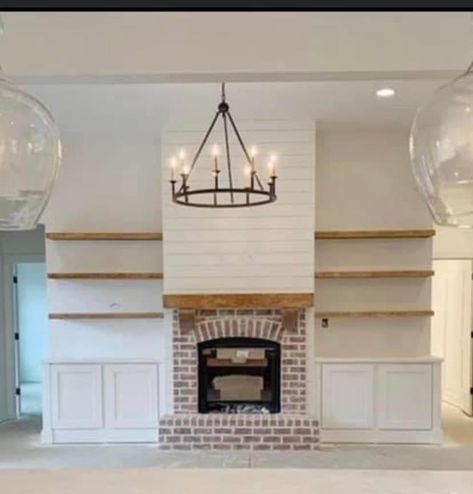 Fireplace And Floating Shelves, Floating Shelves By Fireplace, Fireplace With Cabinets, Shelves Around Fireplace, Floating Shelves Living Room, Family Room Makeover, Fireplace Shelves, Fireplace Tv Wall, 2 Bedroom House Plans