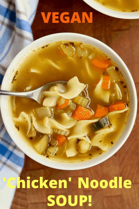 Vegan Chicken Noodle Soup loaded with vegetables and noodles simmered in the best vegetarian broth made from scratch! Easy, hearty, healthy and tastes incredible! Vegetarian Chicken Noodle Soup, Vegetarian Broth, Vegetarian Noodle Soup, Veggie Noodle Soup, Vegan Noodle Soup, Vegan Chicken Noodle Soup, Chickpea Vegan, Chicken Noodle Soup Crock Pot, Vegan Noodles