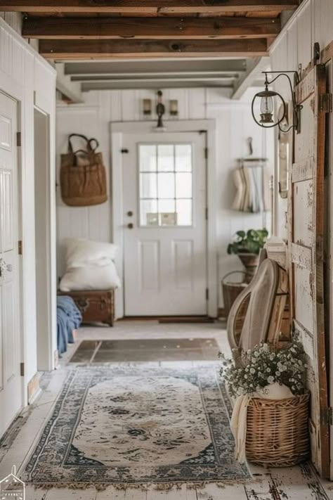 Laundry Yard, Boho Decor Style, Cottage Hallway, House Foyer, Cow Hide Rugs, Victorian House Interiors, Hide Rugs, Indoor Ideas, Farmhouse Entryway