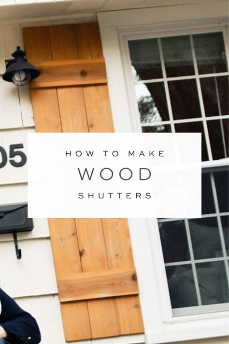 Make Your Own Shutters How To Build, Wood Shutters On Mobile Home, Faux Cedar Shutters, Board And Batten Shutters Diy, How To Build Wood Shutters, Home Made Shutters, Oak Shutters Exterior, White Vinyl House With Wood Shutters, White House Stained Shutters