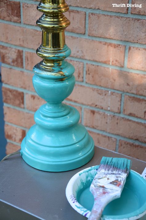 Thrifted End Table and Lamp Makeover - Turquoise lamp Turquoise Lamps Living Room, Table Lamp Makeover, Painted Lamp Base, Thrift Store Lamp Makeover, Turquoise Painted Furniture, Turquoise Lamp, Vintage Furniture Makeover, Diy Table Lamp, Painted Lamp