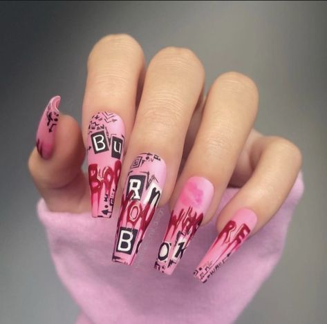 Pink Anime Nails, Mean Girls Nails Ideas, Burn Book Nails, Mean Girls Nails, Book Nail Art, Holloween Nails, Colors Nails, Acrylic Nail Shapes, Easter Nail Designs