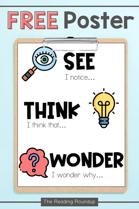 The See, Think, Wonder strategy can significantly improve students' ability to think critically about the text. As a result, their reading comprehension will also improve. But what is the See Think Wonder reading strategy and how can you use it with your students? This guide will help you get started with implementing this highly effective and engaging strategy with your elementary students. Be sure to download the FREE See Think Wonder anchor chart and graphic organizer! Reading Strategies Posters Free, See Think Wonder, Visual Thinking Strategies, Reading Is Thinking, Reading Strategies Posters, Teaching Comprehension, Reading Wonders, Inquiry Learning, Reading Strategy