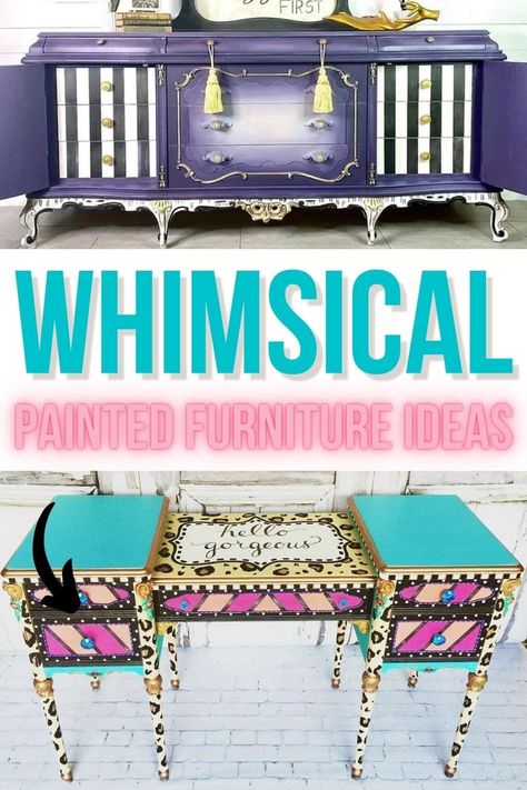 If you’re looking for a way to give your home an eclectic, unique look, then look no further than whimsical painted furniture ideas! This type of decorating is all about expressing personality in the most creative ways possible. How To Paint Whimsical Furniture, Whimsical Furniture Painting Ideas, Boho Furniture Painted, Desk Painting Ideas Creative, Whimsical Painted Furniture Ideas, Indy Room, Furniture Painting Ideas, Unique Furniture Painting, Best Paint For Furniture