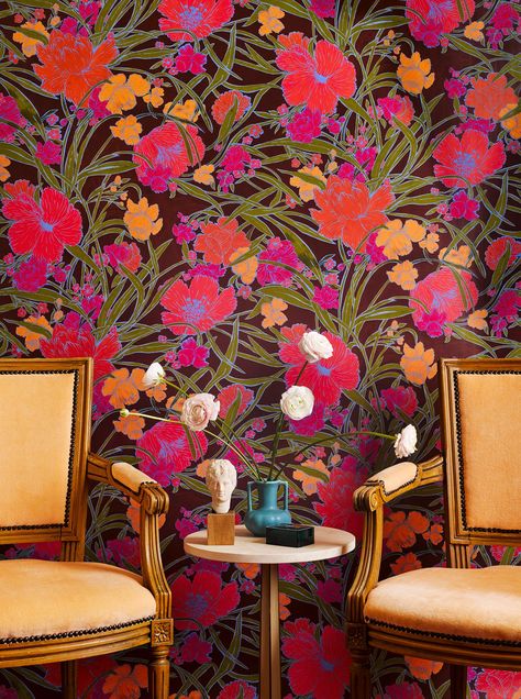 Eclectic Maximalism Wallpaper, Voutsa Wallpaper, Bright Coloured Wallpaper, Speakeasy Decor, Maximalist Wallpaper, Wallpaper Installation, Eclectic Wallpaper, Maximalist Interior, Happy Wallpaper