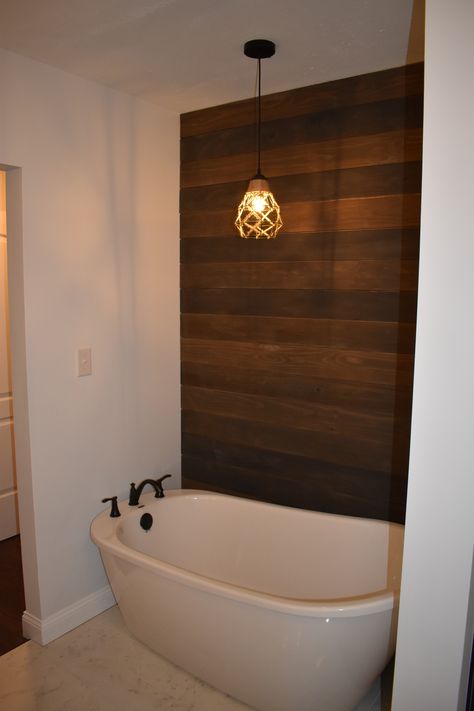 Accent Wall Behind Soaking Tub, Accent Wall Behind Bathtub, Bathtub Accent Wall, Stained Shiplap, Bathroom Accent Wall, Shiplap Accent Wall, Spa Bathroom, Master Bath Ideas, Grey Bathrooms