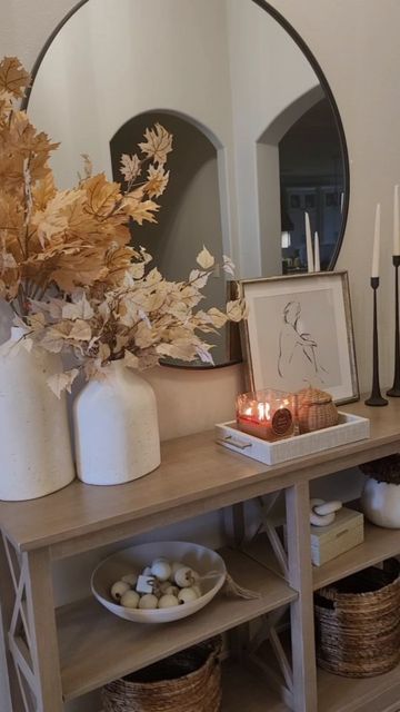 Fall Decor Round Mirror, Entry Table Decor Fall, Entryway Table Fall Decor Ideas, Fall Credenza Decor, Fall Mirror Decor, Entryway Table Fall Decor, Fall Home Decor Minimalist, Fall Tv Console Decor, Console Table Fall Decor