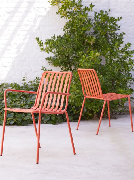 Gaby orange metal garden seat, from Tikamoon, comes as a side chair, £95, or an armchair, £119, and is also available in white, tikamoon.co.uk Painted Metal Chairs, Metal Outdoor Table, Ski House Decor, Metal Outdoor Chairs, Garden Chairs Metal, Metal Armchair, Chaise Metal, Outdoor Armchair, Furniture Trends